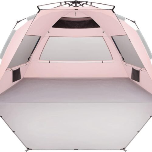 XX-Large Pop Up Beach Tent Sun Shelter for 5-6 Person Portable Sun Shade Instant Tent for Beach with Carrying Bag, Stakes, 6 Sand Pockets, Anti UV for Fishing Hiking Camping Pink