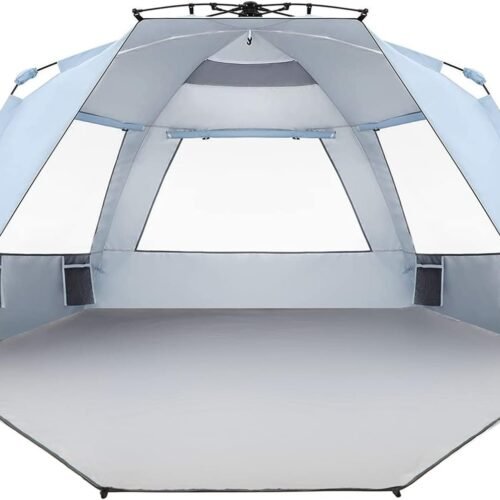 XL Beach Tent Easy Setup 4-6 Person Popup Sun Shelter 99" Wide for Family UPF 50+ Double Silver Coating with Extended Zippered Porch Sky Blue