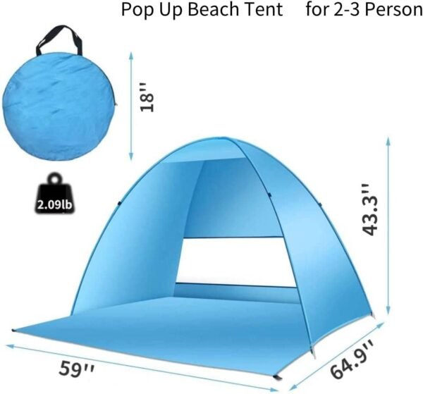 Pop Up Beach Tent –for 2-3 Person UPF 50+ UV Sun Protection Beach Shade Beach Tent Pop Up Sun Shelter with Carry Bag and Tent Stakes for Beach, Park, Camping (Large)