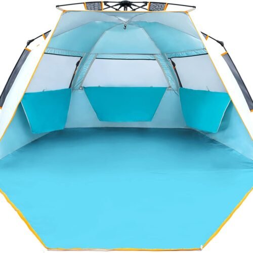 3-4 Person Easy Up Beach Tent UPF 50+ Portable Instant Sun Shelter Canopy Umbrella with Extended Zippered Porch, Blue
