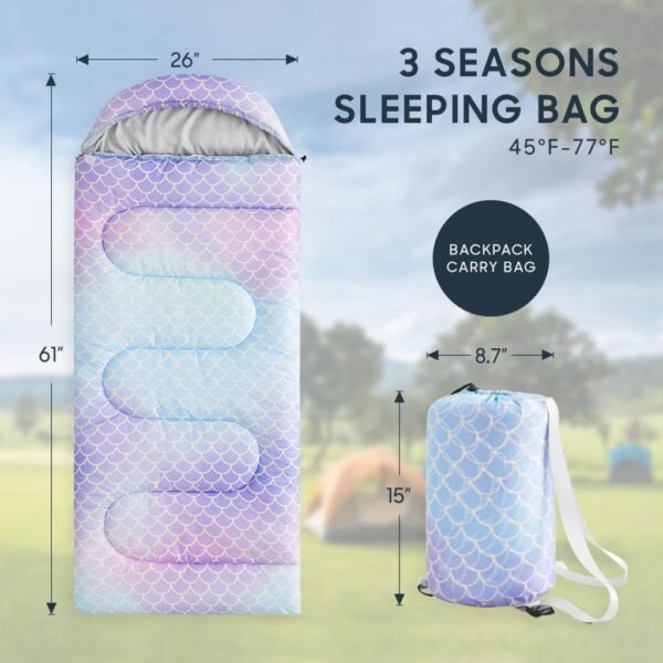 Kids Sleeping Bag for Girls Toddlers, Camping in Warm Cold Weather, Backpacking Lightweight Compact Outdoor Liner for 3 Seasons Summer Spring Fall