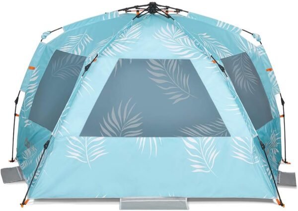 Enhanced (Prints) Deluxe XL Beach Tent 4-6 Person Popup Sun Shelter 99" Wide for Family UPF 50+ Double Silver Coated with Extended Zippered Porch Palm Tree Leaves