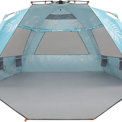 Enhanced (Prints) Deluxe XL Beach Tent 4-6 Person Popup Sun Shelter 99" Wide for Family UPF 50+ Double Silver Coated with Extended Zippered Porch Palm Tree Leaves