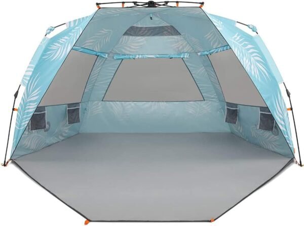 Enhanced (Prints) Deluxe XL Beach Tent 4-6 Person Popup Sun Shelter 99" Wide for Family UPF 50+ Double Silver Coated with Extended Zippered Porch Palm Tree Leaves