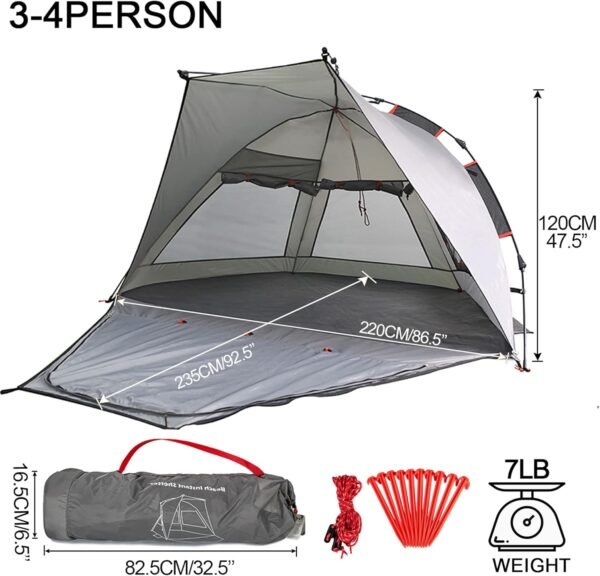 Beach Tent Sun Shelter 3-4 Person Easy Setup Portable Sunshade Canopy Large,Extended Floor,Stakes,Sand Pockets,UPF 50+ Waterproof Windproof Outdoor Camping Fishing Picnic
