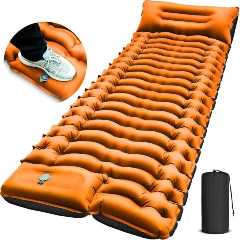 Camping Sleeping Mat, Ultralight Camping Pad with Pillow, Integrated Foot Pump Inflatable Sleeping Mat, Compact Size for Camping, Backpacking, Hiking - Orange, Single