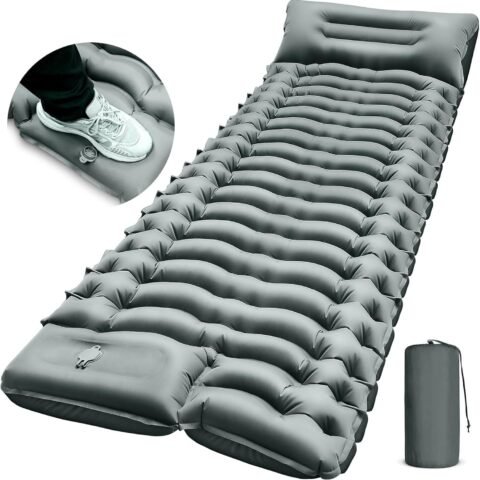 Camping Sleeping Pad, Ultralight Camping Pad with Pillow, Built-in Foot Pump, Inflatable Sleeping Pad, Compact Size for Camping, Backpacking, Hiking and Traveling - Gray, Single, Grey