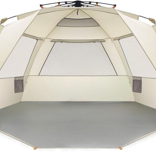 Beach Tent Easy Up 99" Wide for 4-6 Person Sun Shelter - Extended Zippered Porch Included Beige