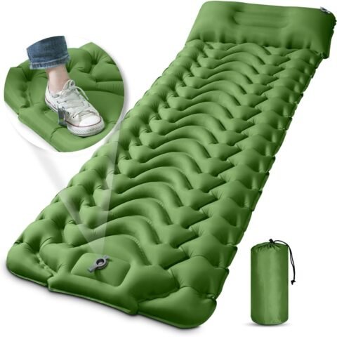 Camping Sleeping Pad with Pillow, Upgraded 4 Inch Thickness Inflatable Foot Press Camping Mat, Durable Waterproof Lightweight Sleeping Air Mattress for Hiking Backpacking Traveling