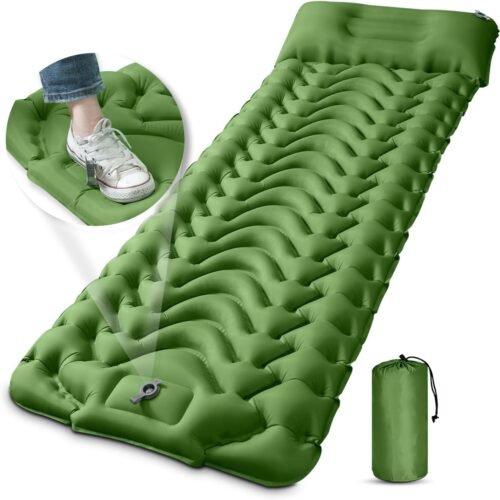 Camping Sleeping Pad with Pillow, Upgraded 4 Inch Thickness Inflatable Foot Press Camping Mat, Durable Waterproof Lightweight Sleeping Air Mattress for Hiking Backpacking Traveling