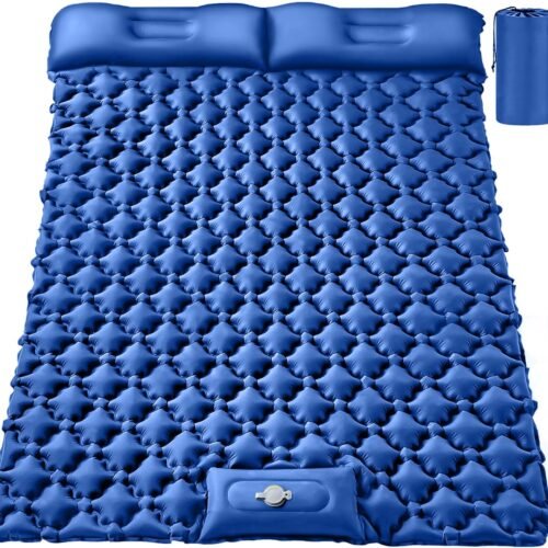 Double Sleeping Pad, Ultralight 4" Extra-Thick Self Inflating Sleeping Mat for 2 Person with Pillow Built-in Foot Pump Portable Camping Mat for Backpacking, Hiking (Blue)